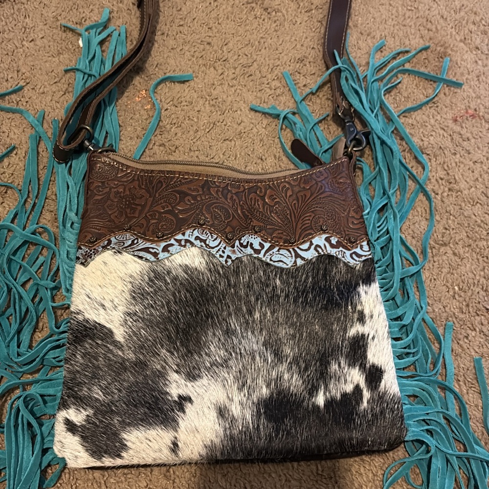Myra Bag Turquoise Fringe Cowhide Crossbody